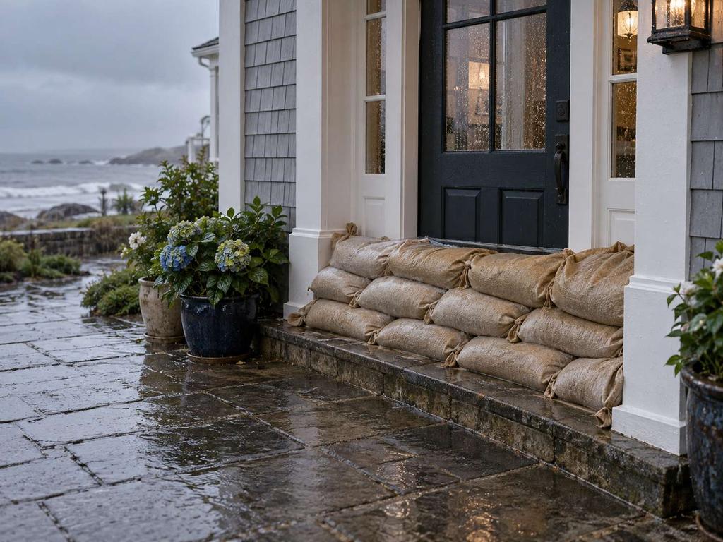 Sandbags stacked at the front door of a New Jersey shore home during storm prep